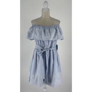 CeCe Womens Off the Shoulder Mini Dress Embroidered Edge Bluebird Size 8 NWT